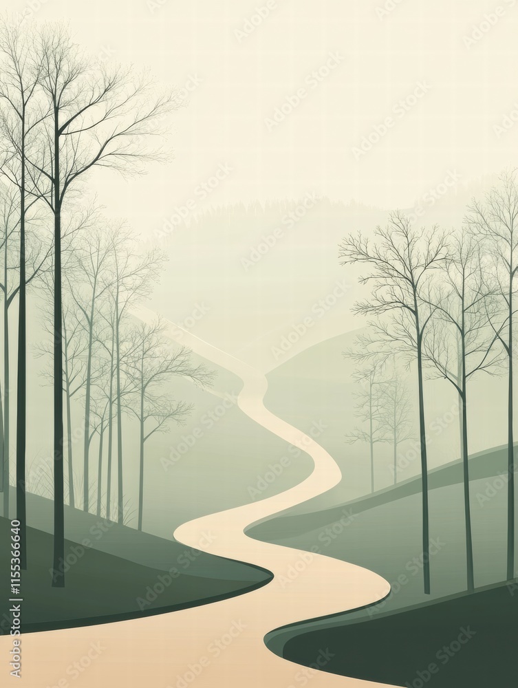 Poster Winding forest path leads into a serene distance surrounded by minimalistic trees and gentle hills. Generative AI