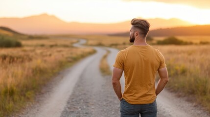 A lone man gazes down a dirt road surrounded by golden fields at sundown, embracing solitude and contemplation, with an atmosphere of possibility and peace.