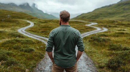 An individual stands at a fork in the path, contemplating pathways under cloudy skies within a verdant landscape, symbolizing decision-making and life's direction.