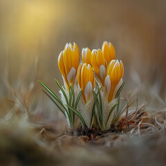 A group of yellow crocuses are rising from the ground, ready to bloom in early spring. The flower...