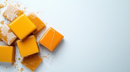 Scattered bright orange gelatin cubes over pristine white backdrop display brightness and vibrancy, creating a delightful culinary scene with texture and youthful charm.