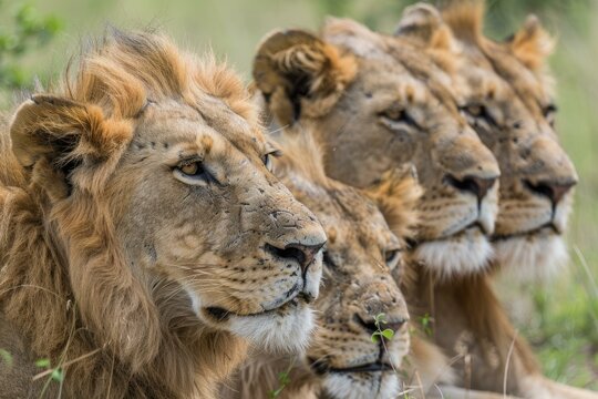 Four lions are resting in the african savanna, showcasing their regal presence and dominance