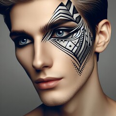 22 A person with artistic geometric eyeliner designs enhancing t