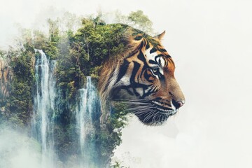 Fototapeta premium A tiger's face emerges from a vibrant waterfall and lush jungle background, representing strength and the raw beauty of the wild, in a captivating visual blend.