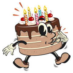 cute birthday chocolate cake cartoon character mascot is blowing the whistle, work of hand drawn
