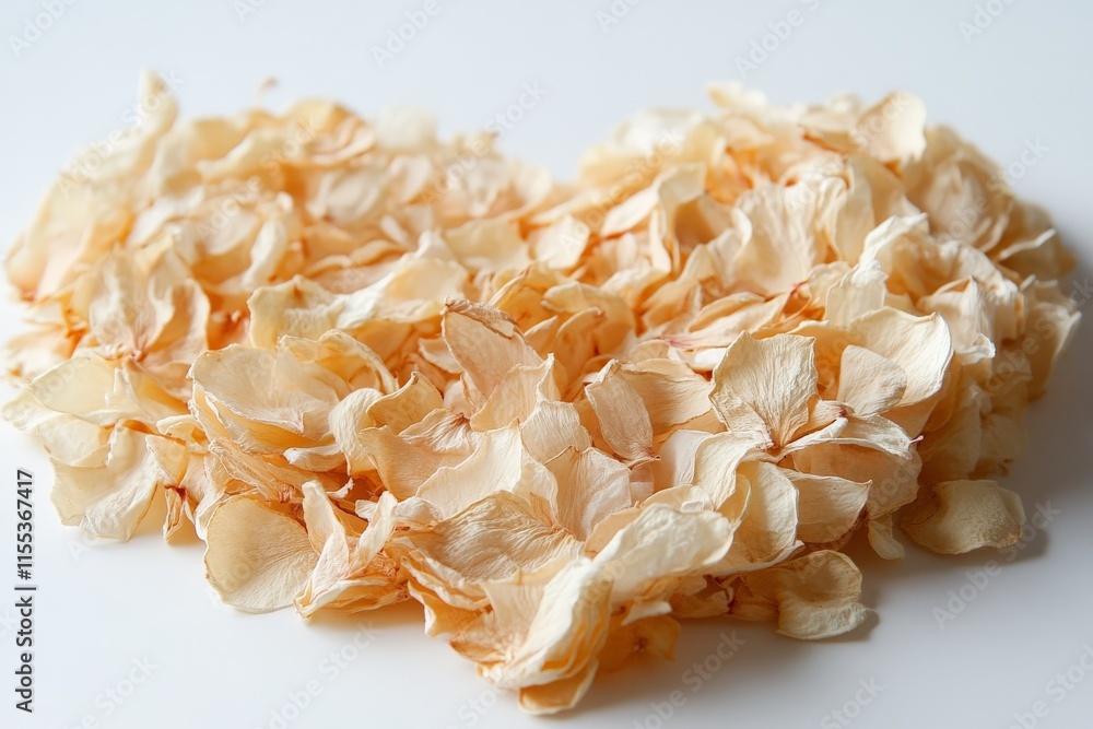 Poster A soft collection of dried light-colored petals shaped in a heart form, laying gently on a solid surface capturing the essence of tenderness and purity in design.