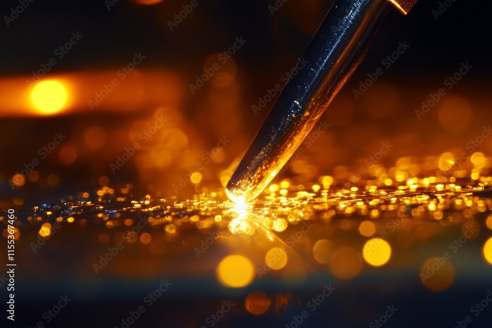 Poster a detailed shot of a fine bore tip emitting orange sparks on a surface during metalwork, highlightin