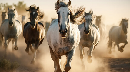 Obraz premium Horses with long mane portrait run gallop in desert dust
