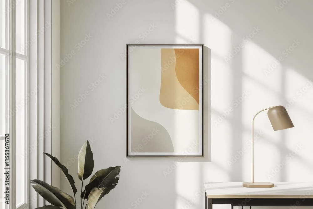 Poster an abstract wall art print displayed in a sun-drenched home office setting, with a desk and potted p