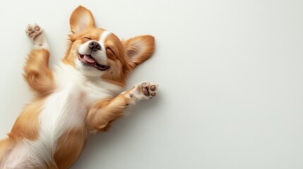 A delightful image of a playful dog lying upside down with a happy smile on a white background, embodying joy and carefree relaxation for pet lovers everywhere.