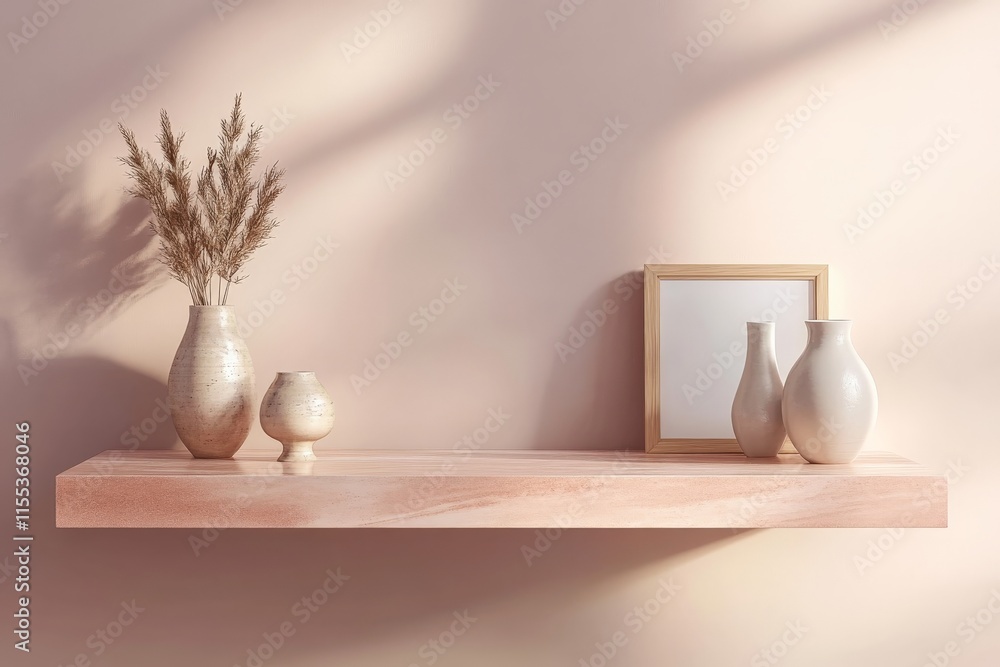 Leinwandbilder a soothing pink-themed decor with a floating shelf, three white ceramic vases of various sizes, and 