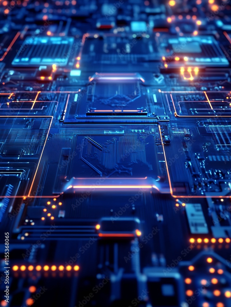 Fototapete futuristic blue circuit board technology with glowing patterns and microchip layout : generative ai