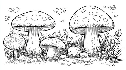 Coloring page of Mushrooms Surrounded by Lush Vegetation