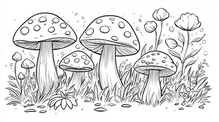 Coloring page of Mushrooms and Flowers in Nature Setting