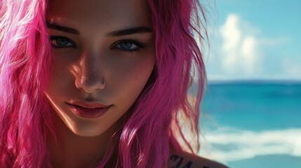 Naklejka premium Portrait of a young woman with pink hair, ocean background