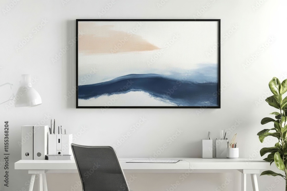 Aufkleber a workspace with modern abstract art in a black frame, alongside a white chair and organized desk ac