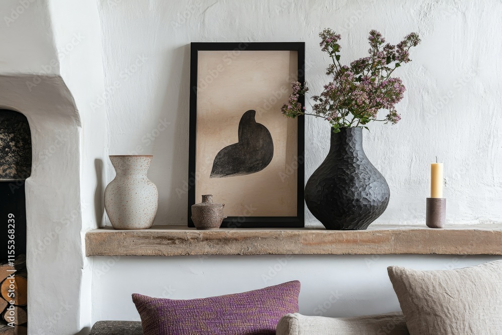 Poster a shelf styled with abstract art and textured vases, set against a rustic white wall; mixed material