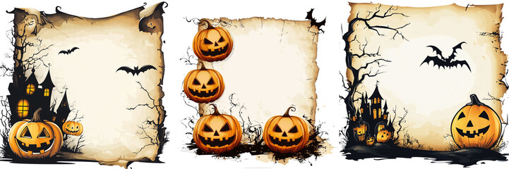 Set of A close-up of a Halloween party invitation resting on an aged wooden background on transparent png background