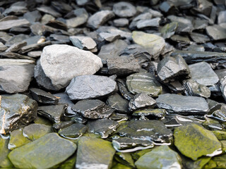 Black Slate Stones with Water Reflection in Nature