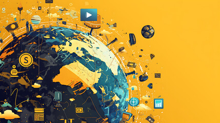 A vibrant globe surrounded by various digital and technological icons on a yellow background.