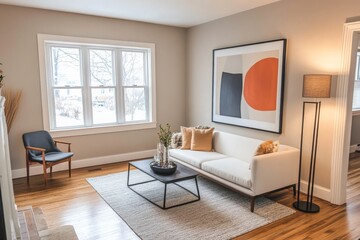 Fototapeta premium A bright contemporary living room showcases a vibrant wall art above a white modern sofa, complemented by a wooden floor and large window offering natural light ambiance.