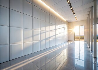 Fototapeta premium Sunlight on White Wall Panels: High-DOF Architectural Photography, Interior Design, Bright Room, Clean Lines