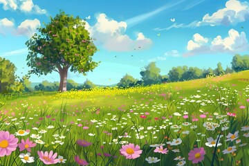 Fototapeta premium Illustration of a flower meadow in spring.