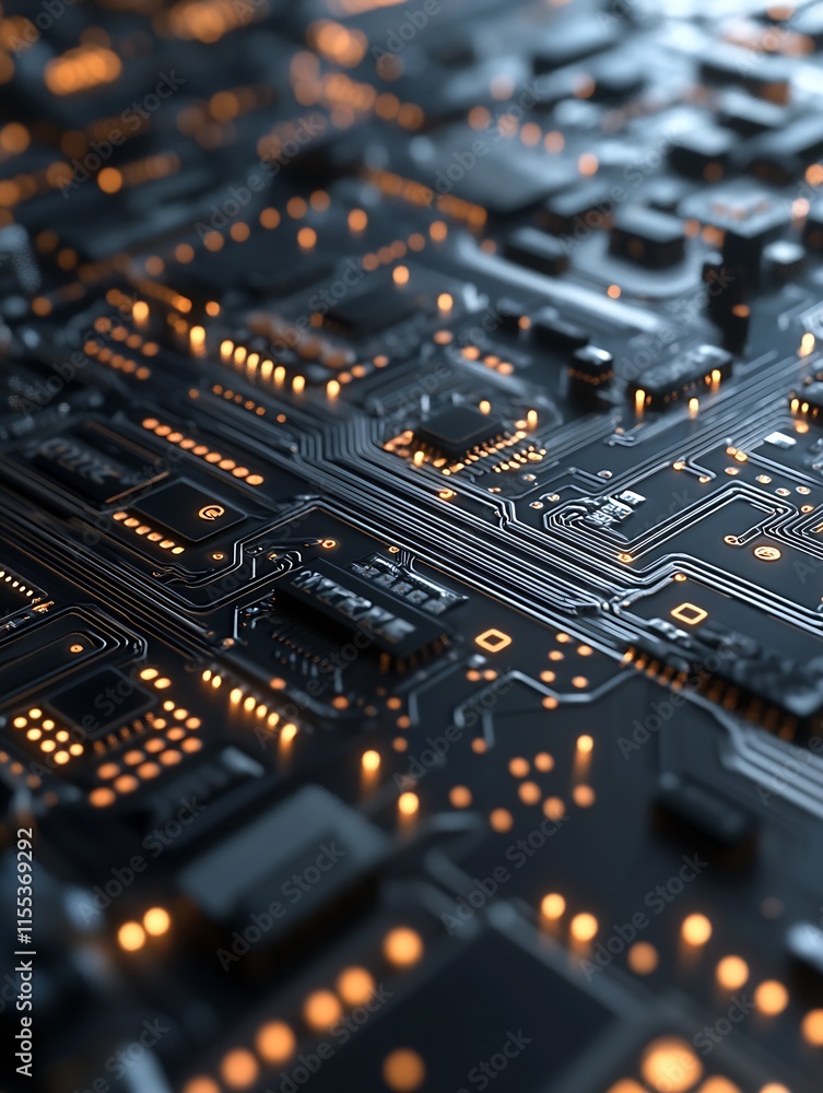 Aufkleber Futuristic Electronic Circuit Board Close Up with Glowing Elements in High Tech Environment : Generative AI