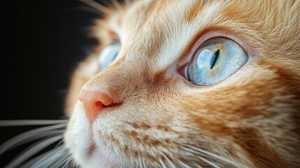 A close-up portrait of an orange cat showcases its mesmerizing blue eyes, capturing a moment of silent contemplation and tenderness in stunning detail.