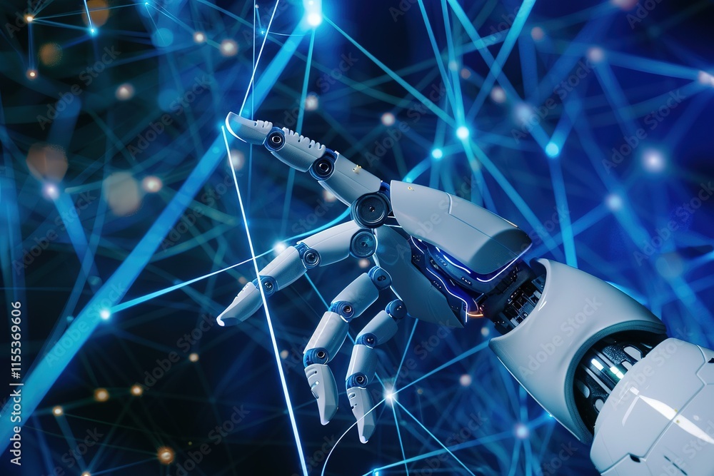 Poster machine learning, hand of robot touching on big data network, revolution of ai, data exchange, deep 