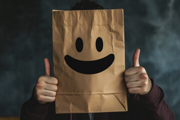 A man with a paper bag on his head, a happy face drawn in the middle of it, and giving a thumbs-up gesture.