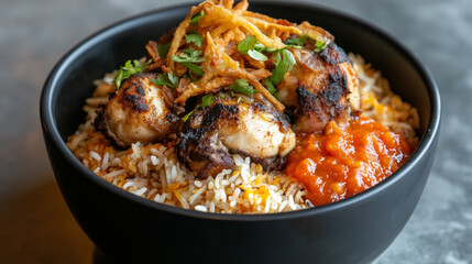 Fototapeta premium Savory biryani with grilled chicken, tangy sauce, and crispy onions garnished with herbs
