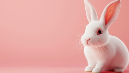 Fototapeta premium A Delightfully Charming White Rabbit Gracefully Sitting Against a Soft Pink Background, Which Makes it Perfect for All Joyous Easter Celebrations and Joyful Festivities with Family and Friends