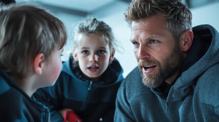 A friendly coach in a hoodie shares a moment of enthusiasm with two kids in a sports environment, showcasing teamwork and energetic communication.