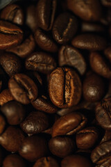 macro photography coffee beans close-up, food and drinks, cheerful morning, free space for text