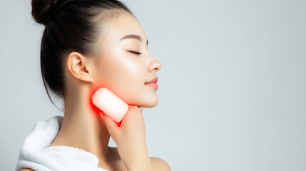 Young woman using a skincare device on her neck while relaxing at home in a bright, minimalist setting