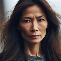 25 A close up of a middle aged Asian woman with long hair lookin