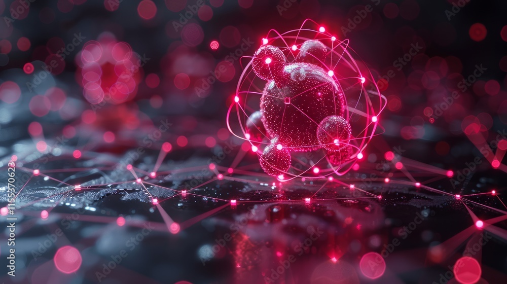 Poster glowing red sphere connected by lines on dark surface.