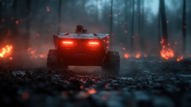 An unmanned robotic vehicle with fiery red rear lights drives through a dark, smoky forest where small fires burn, adding to the dramatic scene. - Powered by Adobe