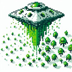 26 A pixel art style where small green pixelated aliens descend