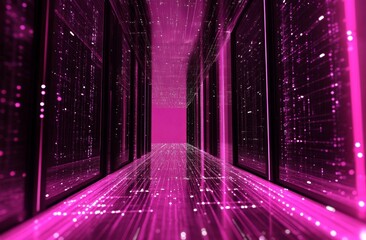 Abstract pink server room corridor with glowing data streams.
