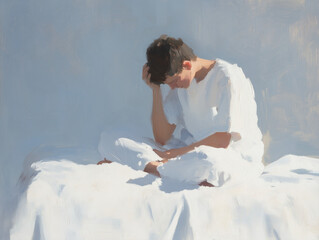 Naklejka premium A young individual in white attire sits on a bed, deep in thought in a calm environment