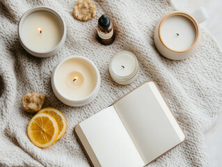 Cozy setup featuring various candles, essential oil, open journal, and lemon slices