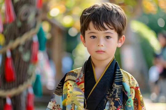 Portrait of a young boy wearing a traditional kimono celebrating shichi go san. A traditional rite of passage and festival in japan for three and five year old boys and three and seven year old girls