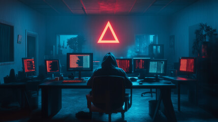 Individual in a hooded sweatshirt focuses on multiple screens filled with code