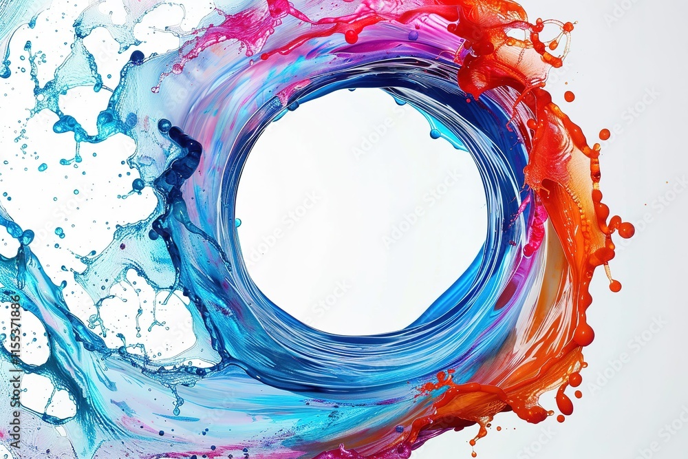 Poster abstract circle liquid motion flow explosion. curved wave colorful pattern with paint drops on white