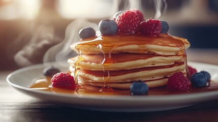 Delicious pancakes with fresh raspberries and blueberries drizzled with maple syrup.