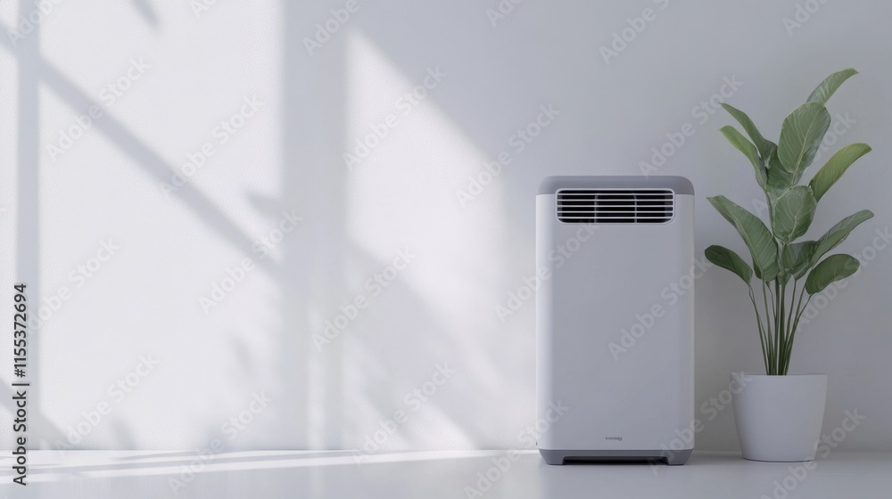 Poster an energy-efficient dehumidifier with a minimalistic design, placed against a white backdrop with sp