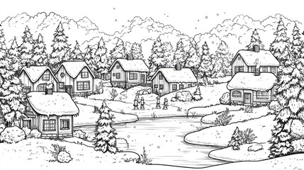 Fototapeta premium Coloring page of Winter Village Scene with Snowy Cottages and Peaceful Pond