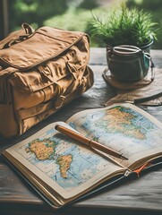 Fototapeta premium World Map and Travel Bag on Wooden Table with Natural Lighting : Generative AI